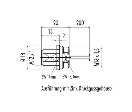 Maßzeichnung M12 Flanschstecker, Polzahl: 4, ungeschirmt, Litzen, IP68, UL 2238, M16x1,5, Frontmontage