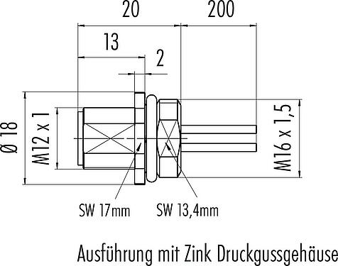 Maßzeichnung M12 Flanschstecker, Polzahl: 4, ungeschirmt, Litzen, IP68, UL 2238, M16x1,5, Frontmontage