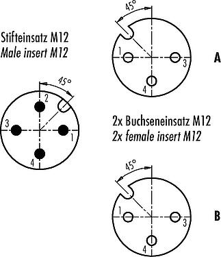 Contact arrangement (Plug-in side) M12 Twin distributors, Y-distributor, male connector - 2 female connector, Contacts: 4/3, unshielded, pluggable, IP68, UL 2238, with LED PNP