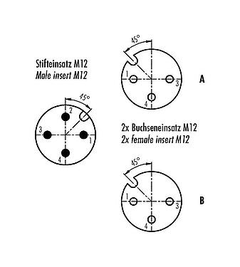 Polbild (Steckseite) 79 5236 00 04 - M12/M12 Zweifachverteiler, Y-Verteiler, Stecker - 2 Dosen, Polzahl: 4/3, ungeschirmt, steckbar, IP68, UL 2238, mit LED PNP