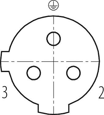 Pólus ábra (csatlakozó oldal) M12 derékszögű aljzat, : 2+PE, 4,0-6,0 mm, árnyékolatlan, csavaros bilincs, IP67
