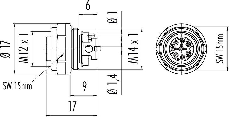縮尺図 M12 メスパネルマウントコネクタ, 極数: 8, 非シールド, SMT, IP67, M14x1.0, フロントマウント