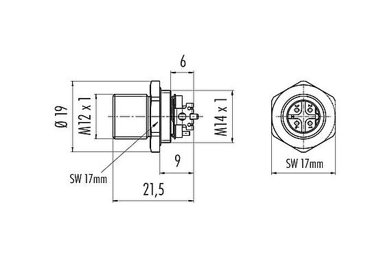 Maßzeichnung M12 Flanschstecker, Polzahl: 4, schirmbar, SMT, IP67, M14x1,0, Rückwandmontage