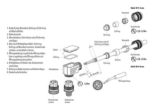 Montageanleitung M12 Winkelstecker, Polzahl: 5, 4,0-6,0 mm, schirmbar, Käfigzugfeder, IP67, mit Schirmring