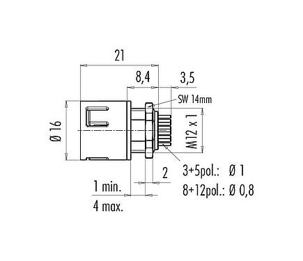 Bản vẽ tỷ lệ Snap-In Phích cắm gắn bảng, Số lượng cực : 3, không có chống nhiễu, THT, IP67, M12x1,0, Gắn phía trước