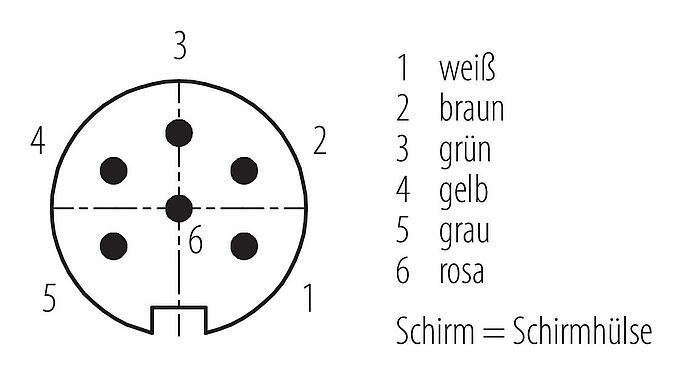 Polbild (Steckseite) M16 Kabelstecker, Polzahl: 6, geschirmt, am Kabel angespritzt, IP67, PUR, schwarz, 6 x 0,25 mm², 2 m