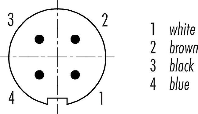 Disposition des contacts (Côté plug-in) M9 Connecteur mâle coudé, Contacts: 4, blindé, surmoulé sur le câble, IP67, PUR, noir, 5 x 0,25 mm², 2 m