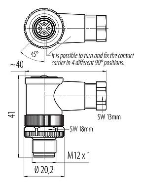 Mittakaavapiirustus M12 Kulmapistoke, Napojen määrä: 4, 2,5-3,5 mm, suojaamaton, ruuviliitin, IP67
