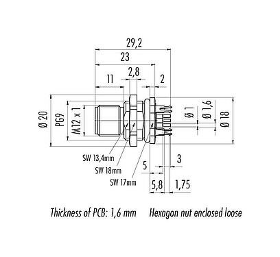 Disegno in scala M12 Connettore maschio a flangia, Numero poli: 5, schermabile, THT, IP68, UL 2238, PG 9, Montaggio su panello posteriore, modellato