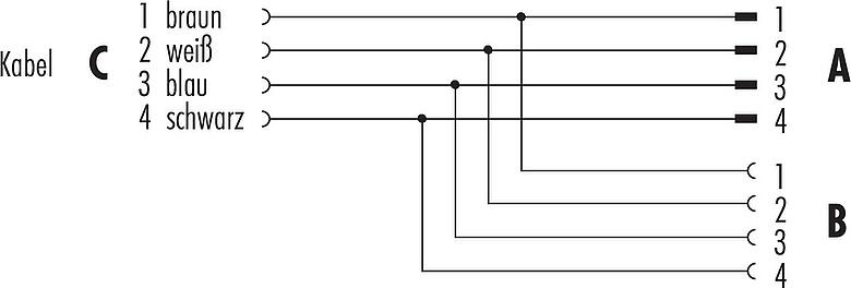 Belegungspläne M12 Zweifachverteiler, Y-Verteiler, Polzahl: 4, ungeschirmt, am Kabel angespritzt, IP68, UL 2238, PUR, schwarz, 4 x 0,25 mm², 2 m