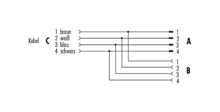Belegungspläne M12 Zweifachverteiler, Y-Verteiler, Polzahl: 4, ungeschirmt, am Kabel angespritzt, IP68, UL 2238, PUR, schwarz, 4 x 0,25 mm², 1 m