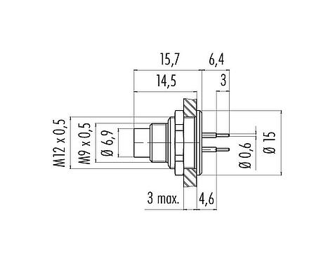 Scale drawing M9 Male panel mount connector, Contacts: 2, unshielded, THT, IP67, M12x0.5, Rear mounting, potted