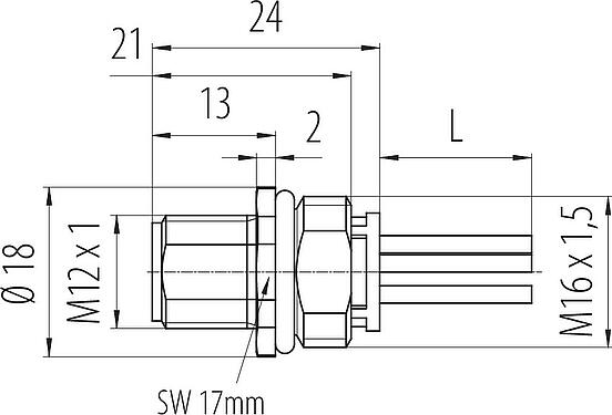 Dibujo a escala M12 Enchufe de brida, Número de contactos: 5, sin blindaje, hilos, IP68, UL 2238, M16x1,5, Montaje frontal