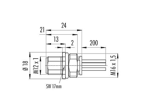 Scale drawing 09 0701 700 05 - M12 Male panel mount connector, Contacts: 4+PE, unshielded, single wires, IP68, UL, M16x1.5