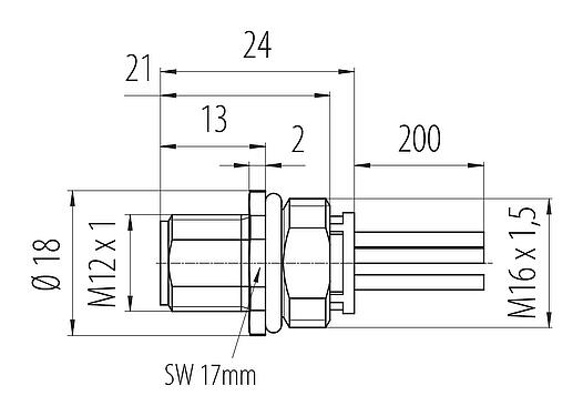 Dessin coté M12 Embase mâle, Contacts: 5, non blindé, fils, IP68, UL 2238, M16x1,5, Montage frontal, coulé