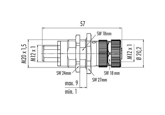 Scale drawing 09 5247 00 12 - M12 Lead-through for control cabinet, Contacts: 12, shielded, pluggable, IP67, M12x1.0