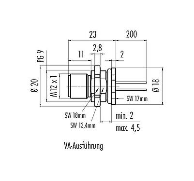 Maßzeichnung M12 Flanschstecker, Polzahl: 4, ungeschirmt, Litzen, IP68, UL 2238, PG 9, Rückwandmontage, Edelstahl
