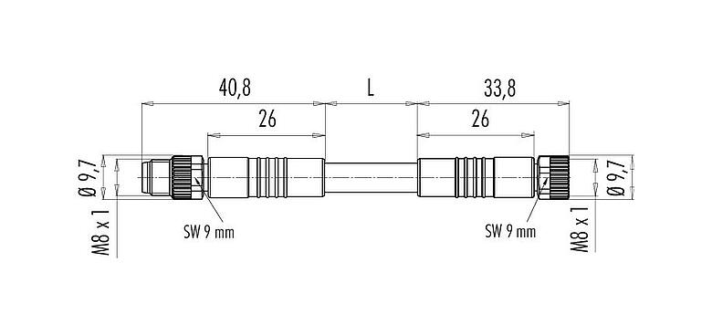 Dessin coté M8 Câble de raccordement connecteur mâle - connecteur femelle, Contacts: 3, non blindé, surmoulé sur le câble, IP67/IP69K, UL 2238, PUR, noir, 3 x 0,34 mm², 1 m