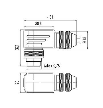 Scale drawing 99 5105 75 03 - M16 Male angled connector, Contacts: 3 (03-a), 4.0-6.0 mm, shieldable, solder, IP67, UL