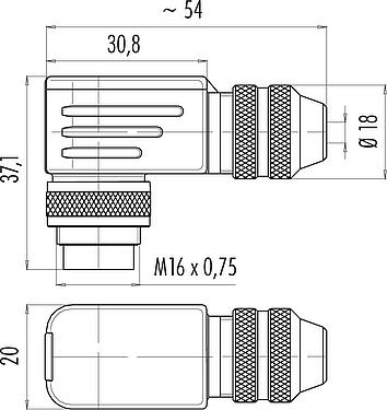 스케일 드로잉 M16 각진 플러그, 콘택트 렌즈: 2 (02-a), 4.0-6.0mm, 차폐 가능, 솔더, IP67, UL 2238