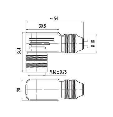 Dessin coté 99 5102 75 02 - M16 Connecteur femelle coudé, Contacts: 2 (02-a), 4,0-6,0 mm, blindable, souder, IP67, UL