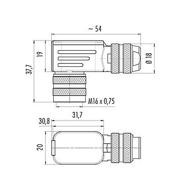 Rysunek z wymiarami M16 Zeńskie złącze kablowe kątowe, Kontaktów: 7 (07-a), 6,0-8,0 mm, do ekranowania, zaciskane (kontakty zaciskane należy zamawiać osobno), IP67, UL 2238