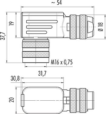 Масштабный чертеж M16 Угловая розетка, Количество полюсов: 6 (06-a), 6,0-8,0 мм, экранируемый, обжим (обжимные контакты заказываются отдельно), IP67, UL 2238