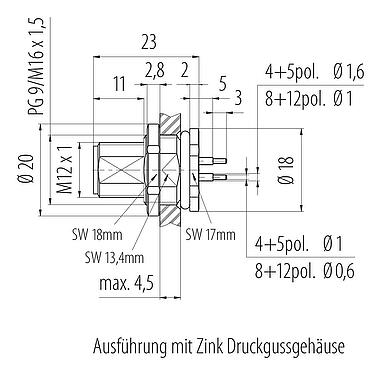 Maßzeichnung M12 Flanschstecker, Polzahl: 12, ungeschirmt, THT, IP68, UL 2238, PG 9, Rückwandmontage