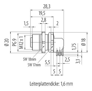 Maßzeichnung M12 Flanschdose, Polzahl: 4, schirmbar, THT, IP68, UL 2238, PG 9, Rückwandmontage, vergossen