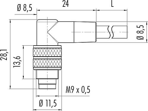 Scale drawing M9 Male angled connector, Contacts: 3, unshielded, moulded on the cable, IP67, PUR, black, 3 x 0.25 mm², 5 m