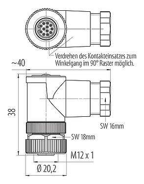 Maßzeichnung M12 Winkeldose, Polzahl: 12, 6,0-8,0 mm, ungeschirmt, löten, IP67, UL 2238
