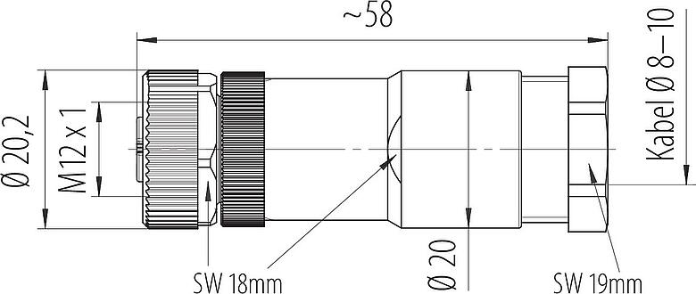 Maßzeichnung M12 Kabeldose, Polzahl: 4, 8,0-10,0 mm, ungeschirmt, schraubklemm, IP67, UL 2238, VDE
