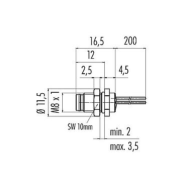 Scale drawing 76 6119 1111 00003-0200 - M8 Male panel mount connector, Contacts: 3, unshielded, single wires, IP67, UL, front fastened