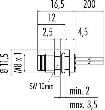 Scale drawing M8 Male panel mount connector, Contacts: 3, unshielded, single wires, IP67, UL 2238, M8x1.0, Rear mounting, potted