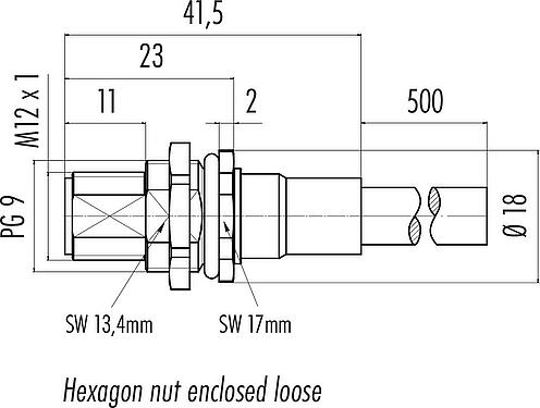 Scale drawing M12 Male panel mount connector, Contacts: 8, shielded, with cable assembled, IP68, PG 9, PUR, black, 8 x 0.25 mm², Rear mounting, 0.5 m