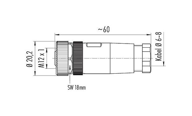 Maßzeichnung M12 Kabeldose, Polzahl: 3+PE, 6,0-8,0 mm, ungeschirmt, schraubklemm, IP67, UL 2238, VDE