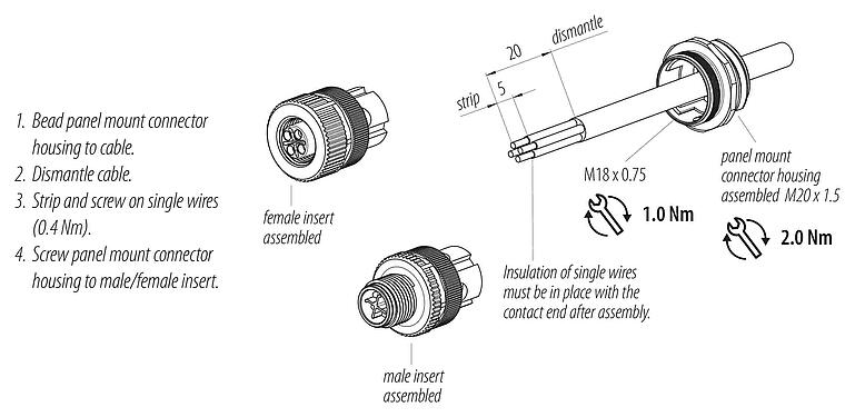 Instructions de montage M12 Embase femelle, Contacts: 3+PE, non blindé, pince à visser, IP68, UL 2238, VDE, M20x1,5, Montage frontal