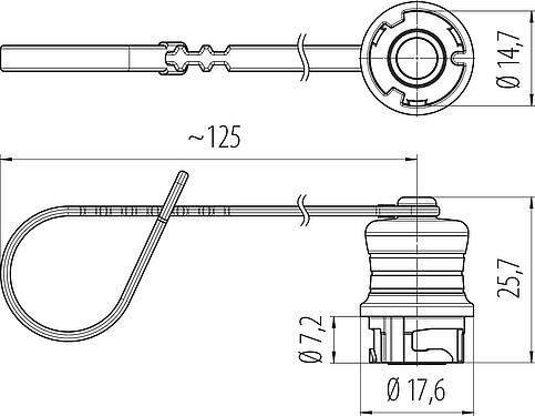 Dessin coté Capuchon de protection, IP67 enfiché et verrouillé, avec sangle de retenue