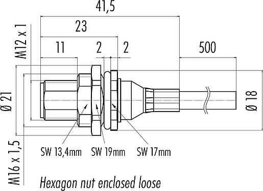 Scale drawing M12 Male panel mount connector, Contacts: 5, shielded, with cable assembled, IP68, M16x1.5, PUR, black, 5 x 0.25 mm², Rear mounting, 0.5 m