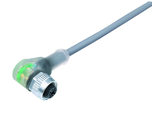 Illustration 77 3634 0000 20004-0200 - M12 Female angled connector, Contacts: 4, unshielded, moulded on the cable, IP69K, UL, PVC, grey, 4 x 0.34 mm², with LED PNP, 2 m