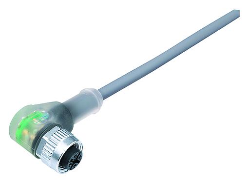 Illustration M12 Female angled connector, Contacts: 3, unshielded, moulded on the cable, IP68/IP69K, UL 2238, PVC, grey, 3 x 0.34 mm², with LED PNP, 5 m