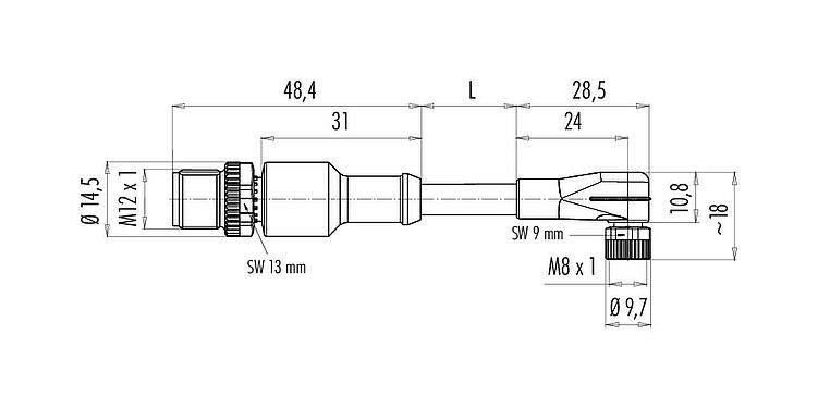 Skalritning 77 3608 3429 50003-0100 - M12/M8 Kabelplugg – vinkladuttag, antal poler: 3, oskärmad, fastgjuten på kabeln, IP67, PUR, svart, 3 x 0,25 mm², med LED PNP, 1 m