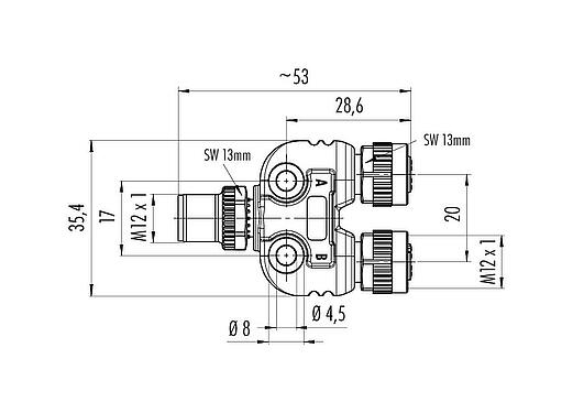 Maßzeichnung M12 Zweifachverteiler, Y-Verteiler, Stecker - 2 Dosen, Polzahl: 4/3, ungeschirmt, steckbar, IP68, UL 2238