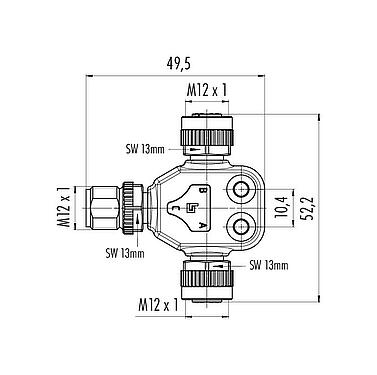 Skalritning 79 5256 190 05 - M12/M12,M12 Dubbelfördelare, T-distributör, plugg - 2 uttag, antal poler: 5, oskärmad, stickbar, IP68, UL