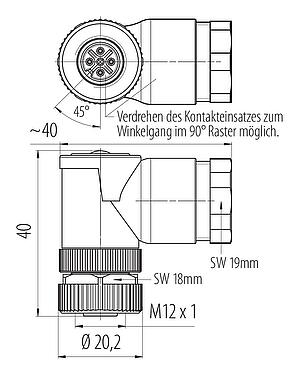Maßzeichnung M12 Duo-Winkeldose, Polzahl: 4, 2.1-3.0 mm (2 Kabel) oder 4-5 mm (2 Kabel), ungeschirmt, schraubklemm, IP67