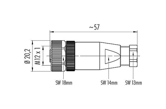 Mittakaavapiirustus M12 Kaapelirasia, Napojen määrä: 4, 6,0-8,0 mm, suojaamaton, puristusliittäminen (puristusliitoskoskettimet on tilattava erikseen), IP67, UL 2238