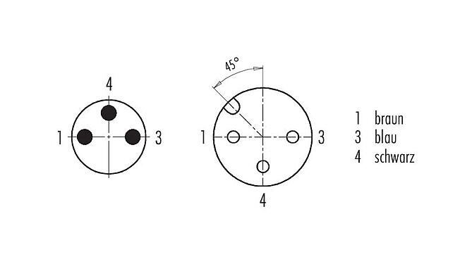 Polbild (Steckseite) 77 3434 3405 50003-0200 - M8 Kabelstecker - Winkeldose M12x1, Polzahl: 3, ungeschirmt, am Kabel angespritzt, IP67, UL, PUR, schwarz, 3 x 0,34 mm², 2 m