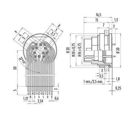 
          Anschluss & Maße
         09 0131 65 12 - M16 Flanschstecker, Polzahl: 12 (12-a), ungeschirmt, THT, IP67, von vorne verschraubbar