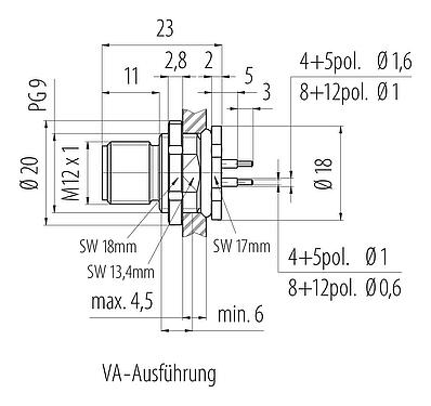 Maßzeichnung M12 Flanschstecker, Polzahl: 5, ungeschirmt, THT, IP68, UL 2238, PG 9, Rückwandmontage, Edelstahl, vergossen