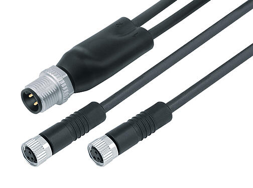 Illustration 77 9829 3406 50003-0200 - M12 Male duo connector - 2 female cable connectors M8x1, Contacts: 4/3, unshielded, moulded on the cable, IP67, PUR, black, 3 x 0.34 mm², 2 m